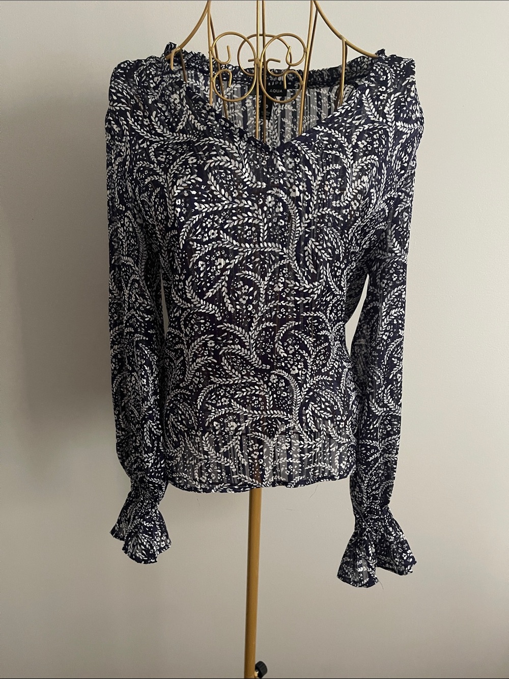 Aqua Navy and White Printed V-Neck Long-Sleeve Blouse